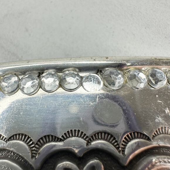 Vintage 1995 Western Rhinestone Belt Buckle Flower Scroll Silver ✨ - Picture 6 of 11